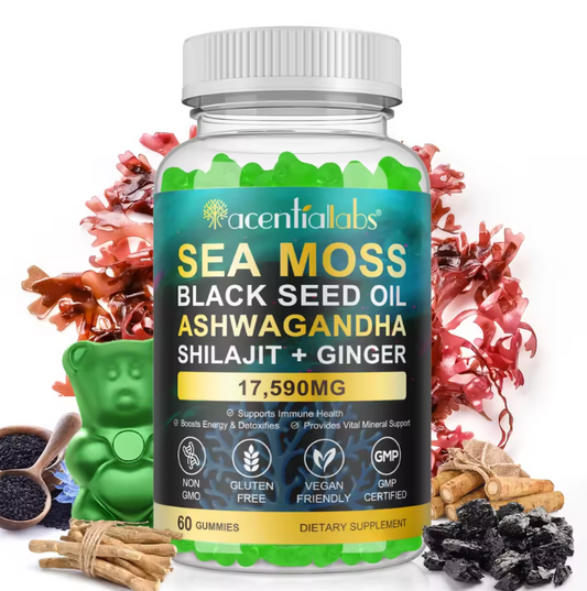 🌿60 Gummies Sea Moss 17,590mg Schwarzkümmelöl Aschwagandha Shilajit + Ginger