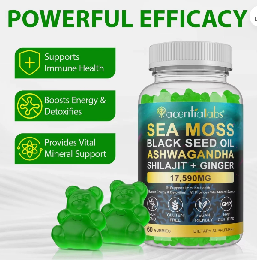 🌿60 Gummies Sea Moss 17,590mg Schwarzkümmelöl Aschwagandha Shilajit + Ginger